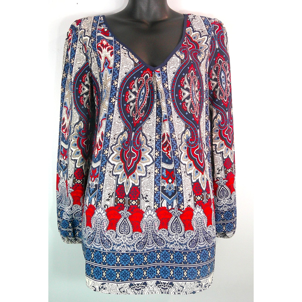 Pink Owl Apparel V-neck Women's Small Blouse Red, White, Blue Style U9504047